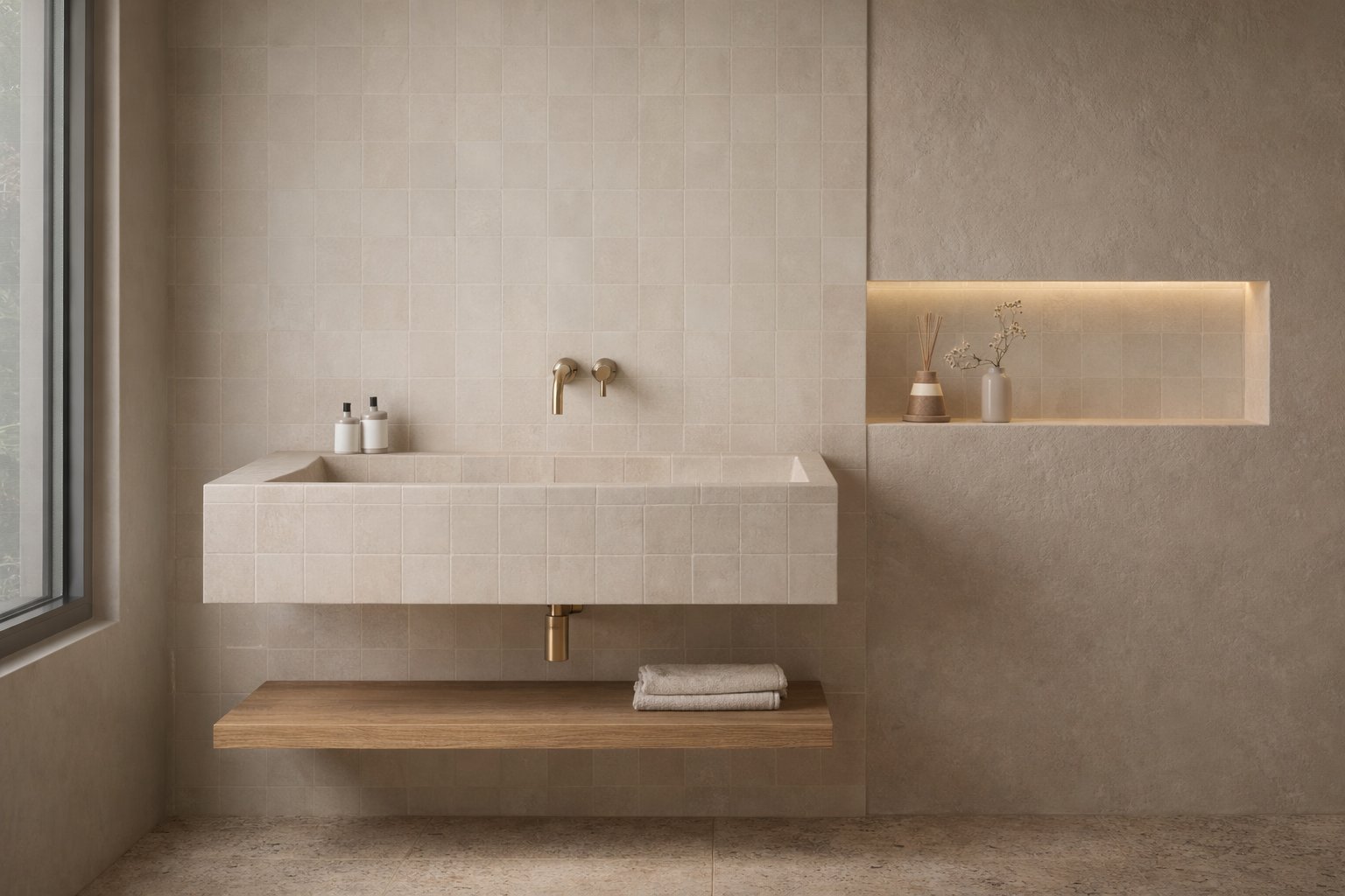 Modern minimalist bathroom with a floating white rectangular sink, wooden shelf below, and illuminated recessed niche in a neutral beige-toned interior.