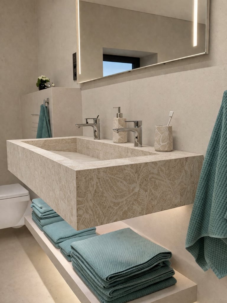 Modern bathroom with stone rectangular sink, chrome faucets, illuminated mirror, teal towels, and minimalist decor