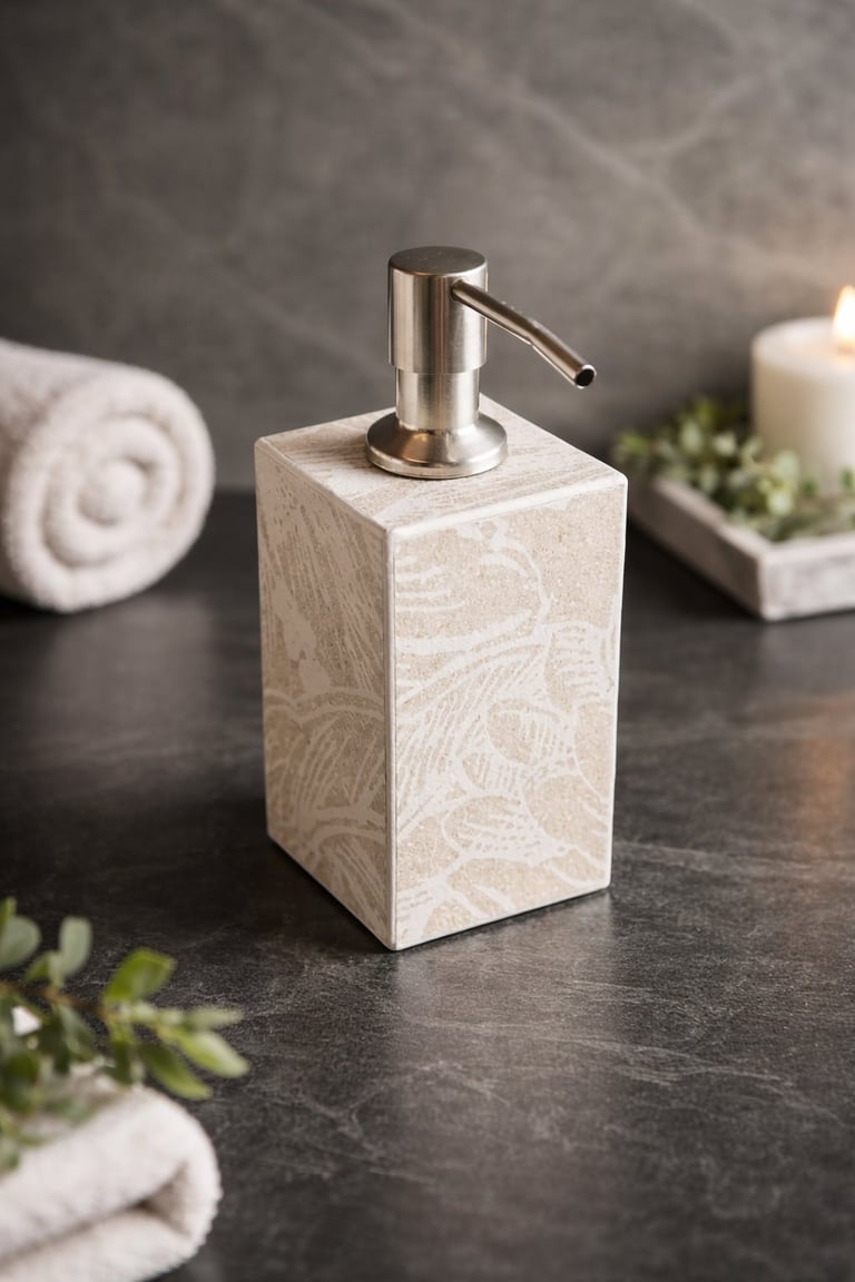 Cream-colored marble soap dispenser with stainless steel pump on a dark bathroom counter surrounded by rolled towels and potted plants.