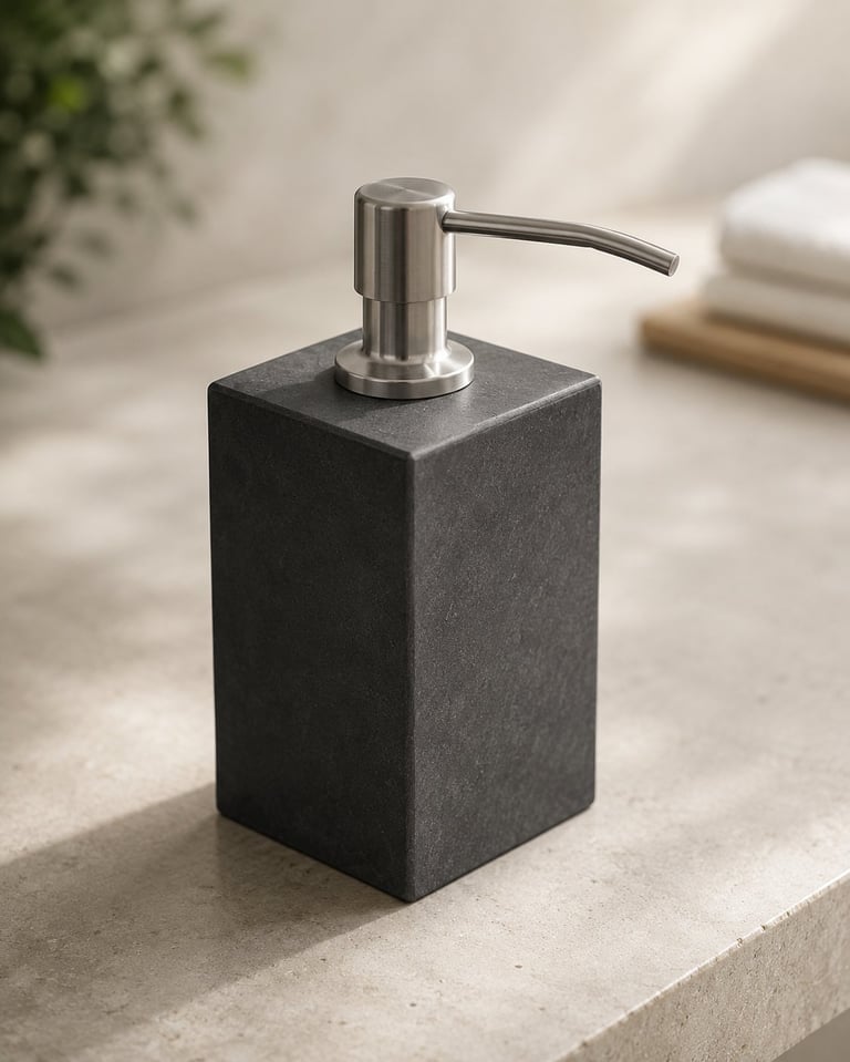 Black stone rectangular soap or lotion dispenser with stainless steel pump on bathroom counter