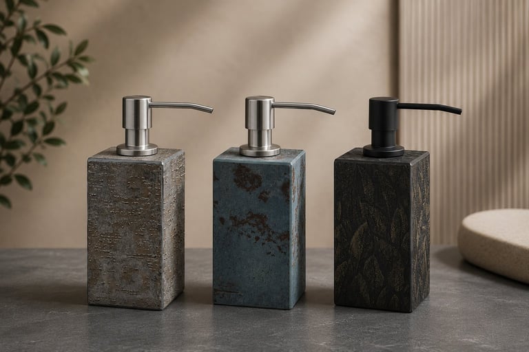 Three modern rectangular soap dispensers with metal pumps in gray, blue, and black stone finishes displayed on a bathroom counter.