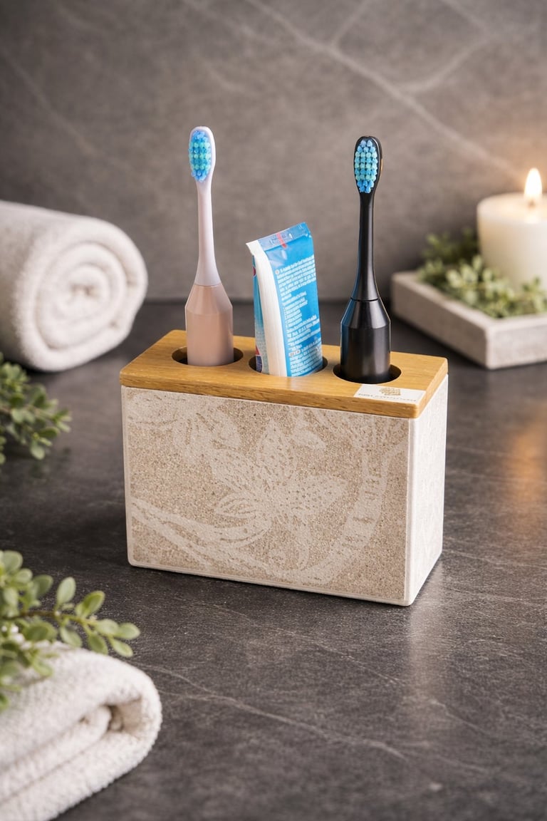 Toothbrush holder with two electric toothbrushes and toothpaste on bathroom counter with towels and candle