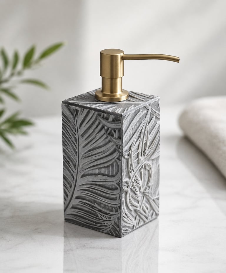 Marble soap dispenser with black and white zebra-stripe pattern and brushed gold pump, displayed on white counter